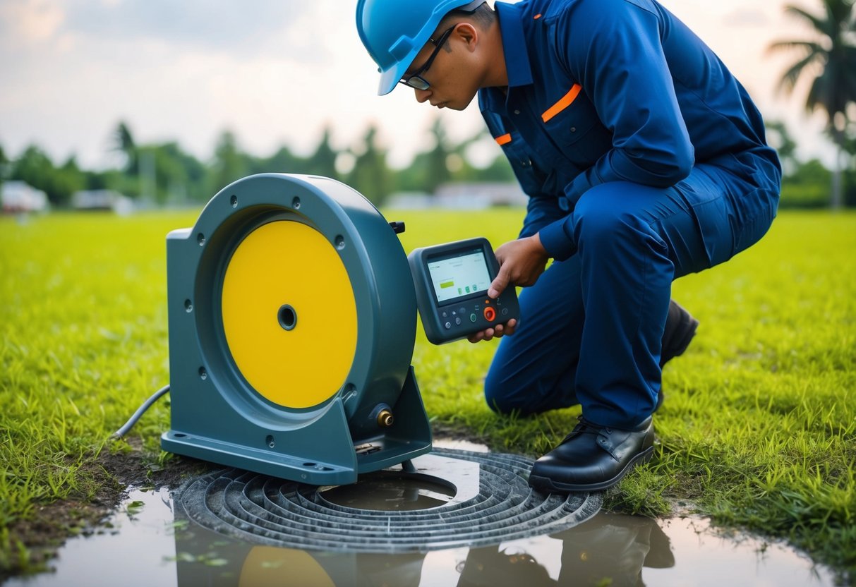 A technician using ground-penetrating radar to detect underground water leaks in Malaysia