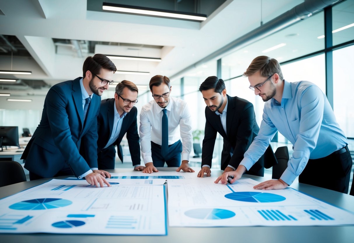 A team of engineers working together in a modern office setting with advanced technology and blueprints spread out on a large table