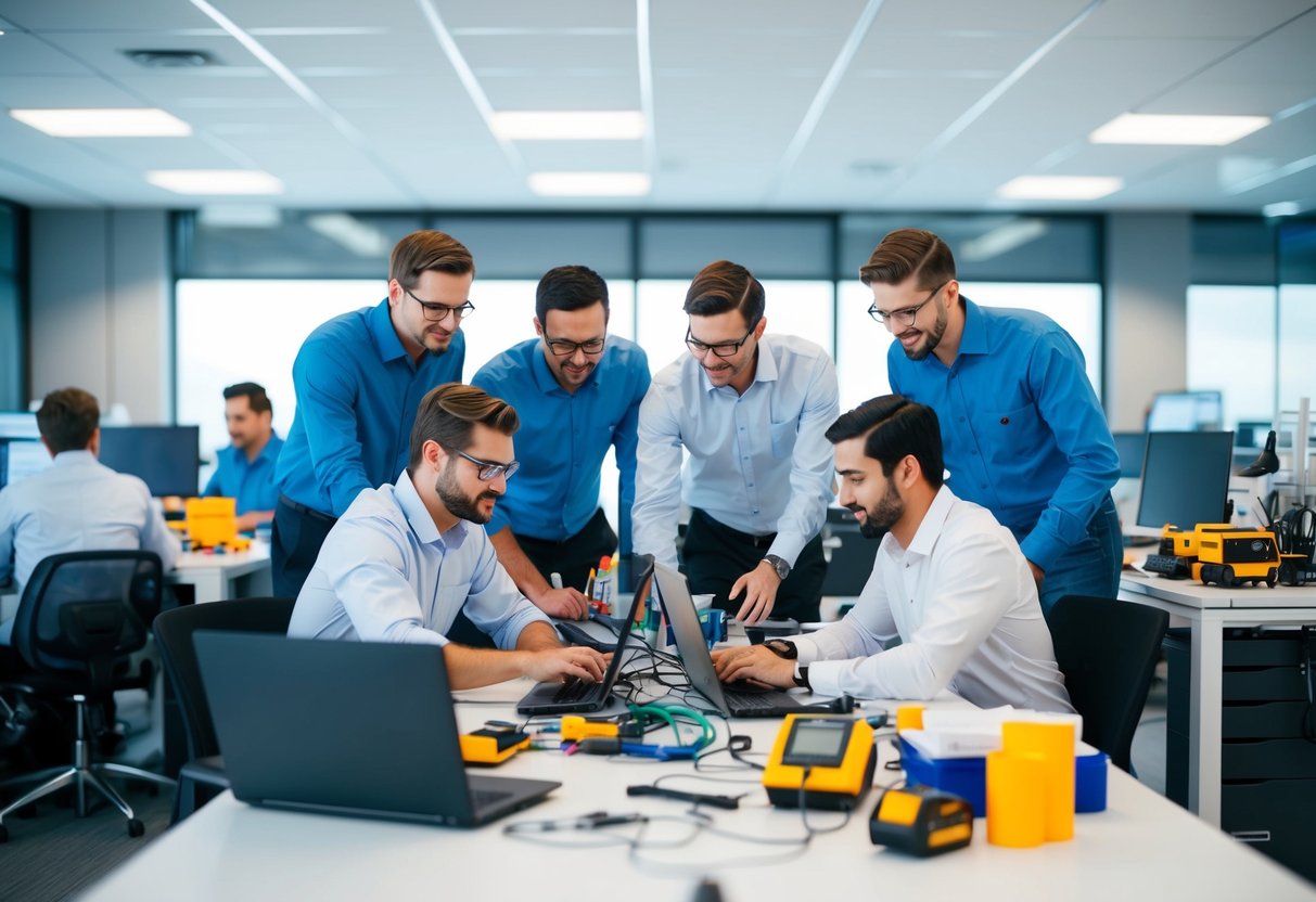 A group of seven engineers working together in a modern, organized office setting, with equipment and tools scattered around their workstations