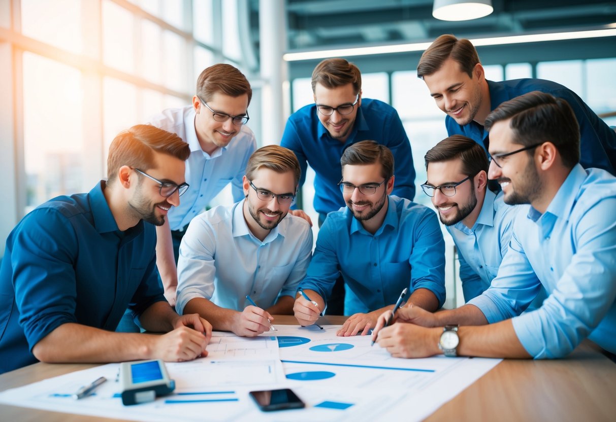 A group of seven engineers working together on a project, surrounded by technical equipment and blueprints