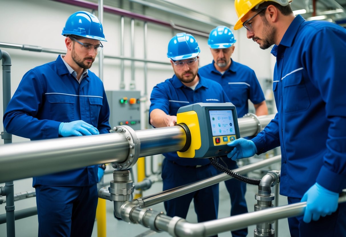 A high-tech leak detection device in action, scanning pipes and equipment in an industrial setting with experienced engineers overseeing the process