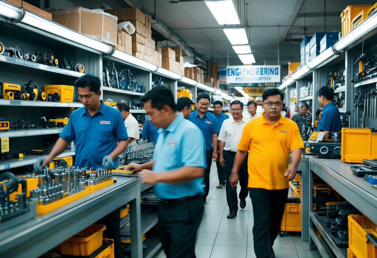 A bustling engineering store in Penang & Johor, with workers and customers moving about amidst shelves of tools and equipment