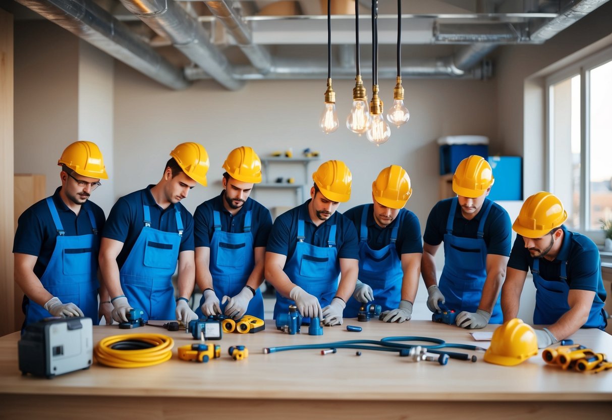 A group of seven plumbers working in various engineering tasks in popular service areas