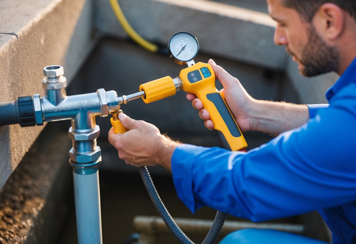 A professional plumber using engineering tools to detect underground water leaks