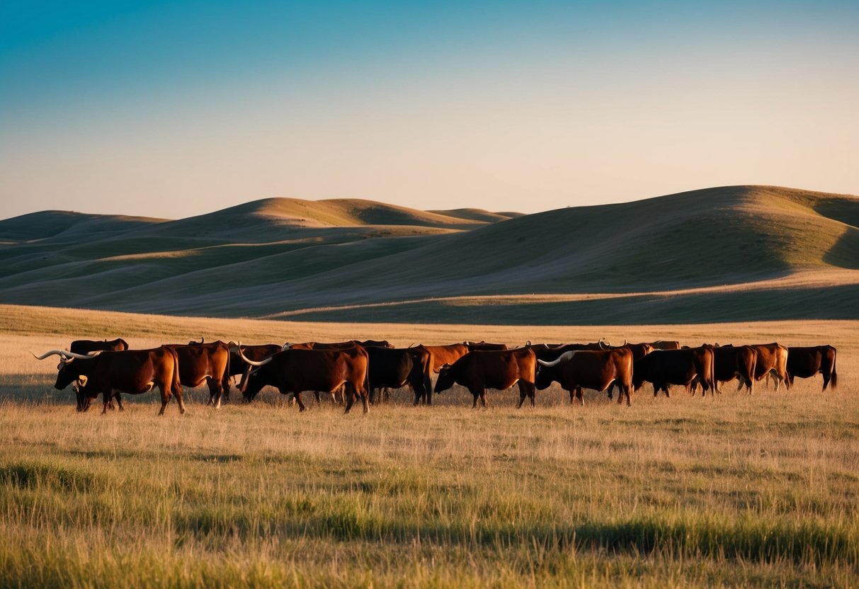 A herd of Texas longhorn cattle grazing in an open prairie, with rolling hills and a bright blue sky in the background