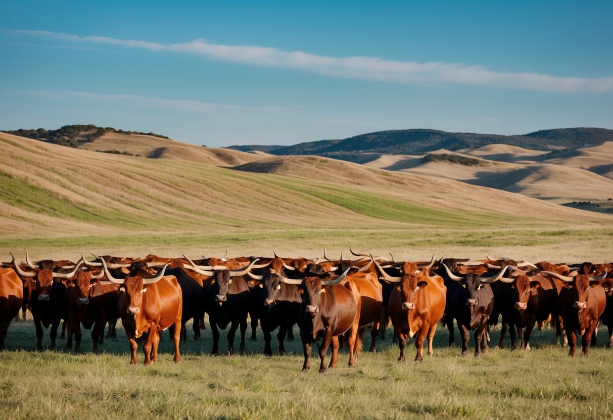 A herd of Texas longhorn cattle grazing in a vast open field with rolling hills and a clear blue sky above