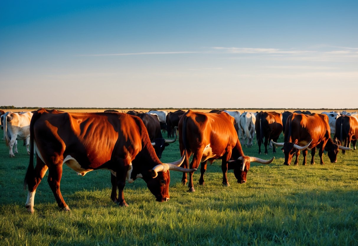 A herd of Texas longhorn cattle grazing in a wide open field under a clear blue sky