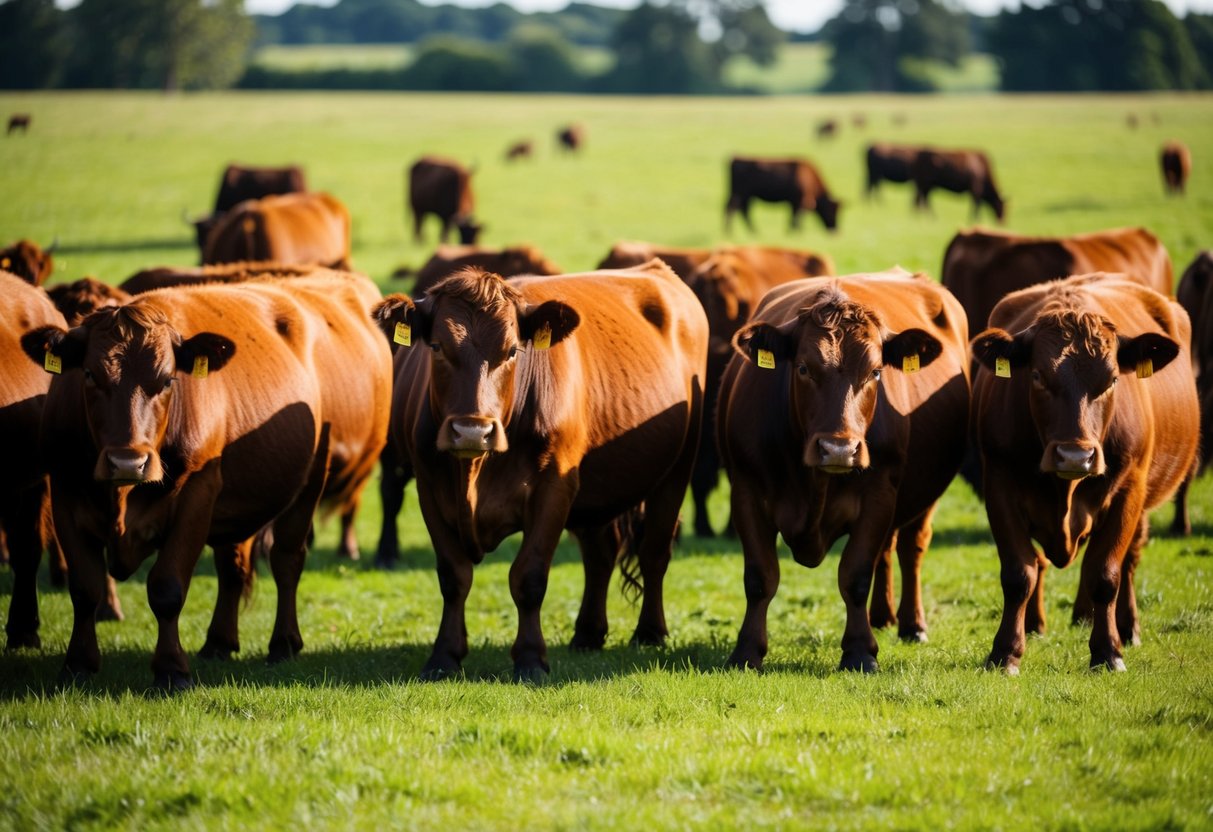 A herd of Belted Galloway cattle grazing in a lush green pasture on a sunny day