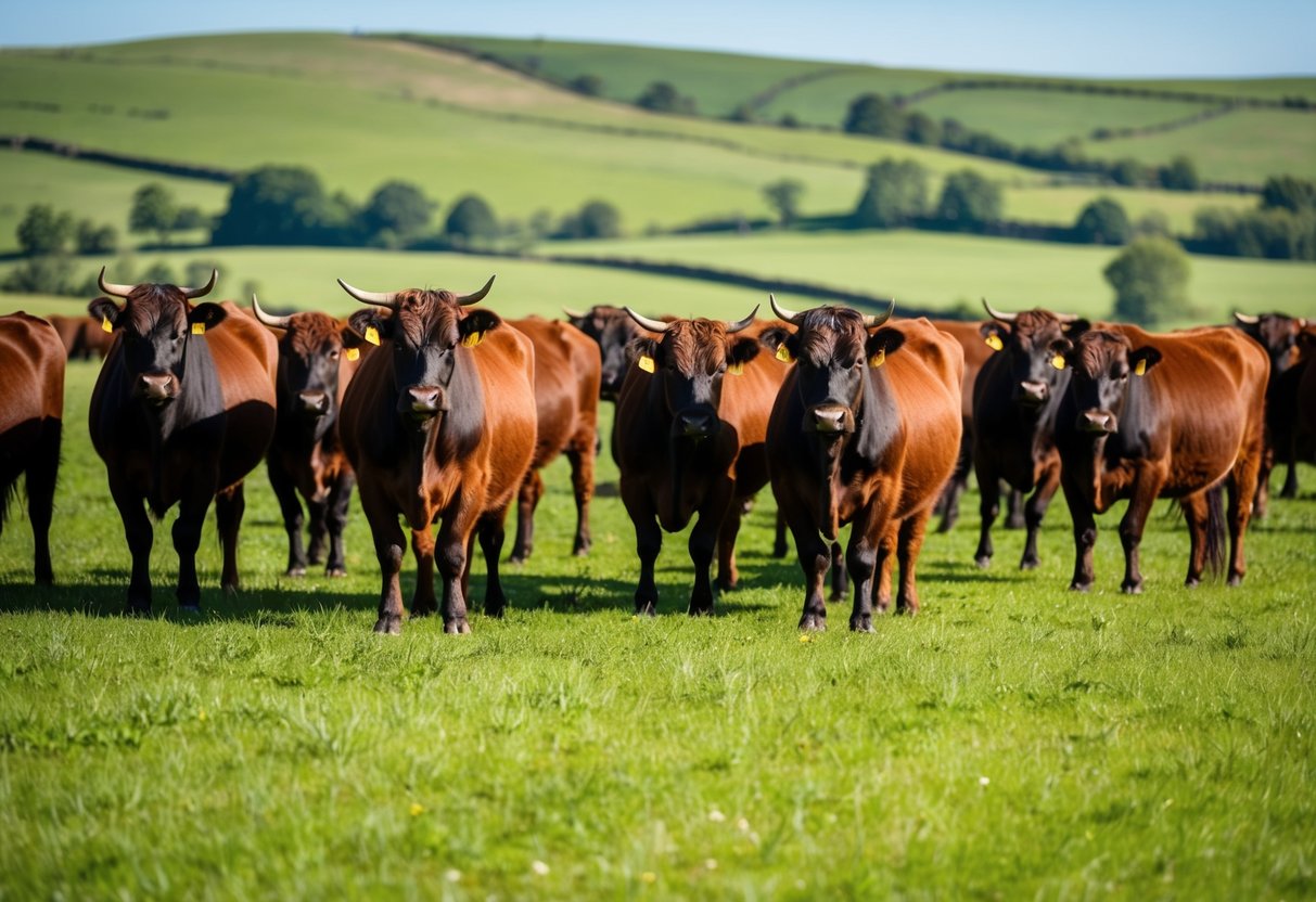 A herd of Belted Galloway cattle grazing in a lush green pasture, with rolling hills in the background and a clear blue sky above