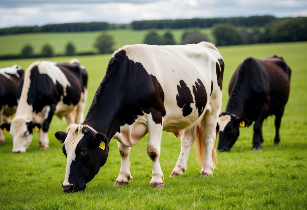 Belted Galloway cattle grazing in a lush, green pasture, with a focus on their distinctive black and white belted coats