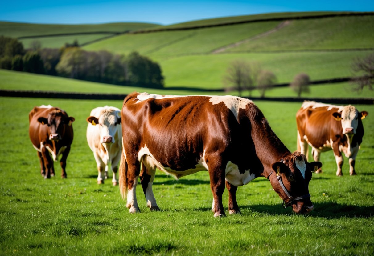 Belted Galloway cattle grazing in a lush green pasture, surrounded by rolling hills and a clear blue sky