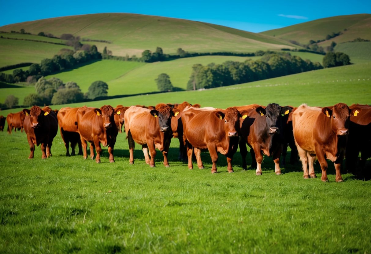 A herd of Belted Galloway cattle grazing in a lush, green pasture surrounded by rolling hills, with a clear blue sky overhead