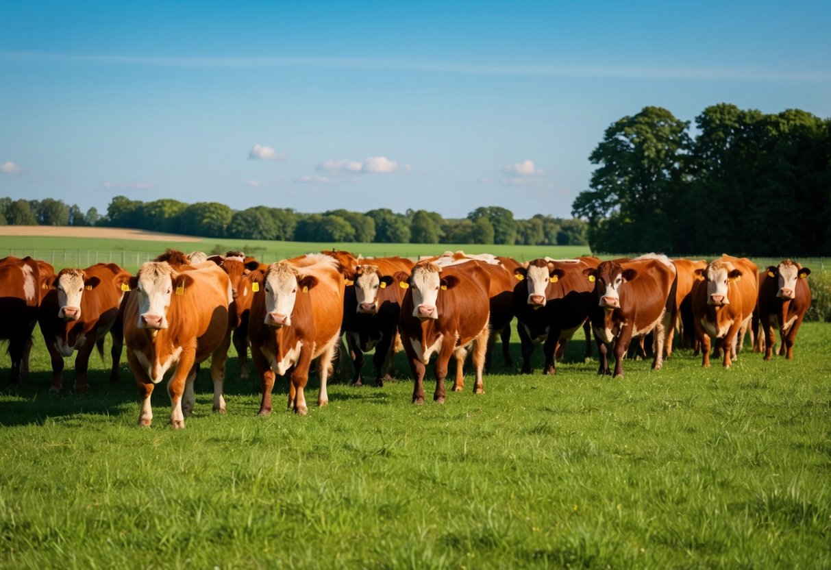 A herd of Belted Galloway cattle peacefully grazing in a lush, green pasture under a clear blue sky