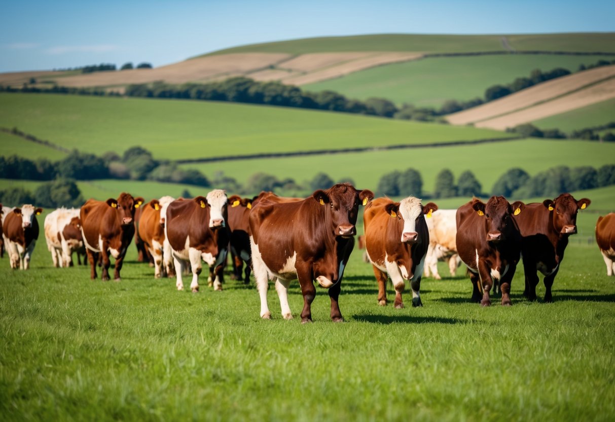 A herd of Belted Galloway cattle grazing in a lush green pasture, with rolling hills in the background and a clear blue sky above