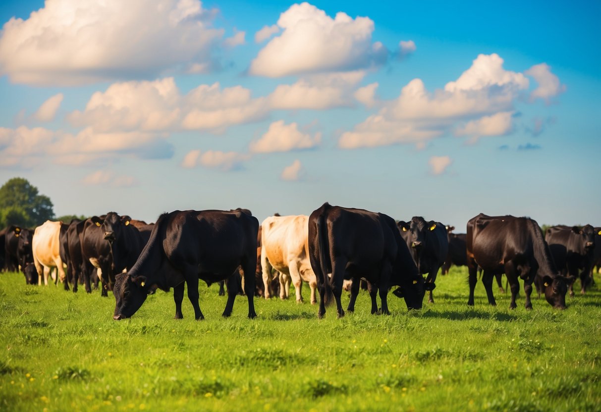 A herd of Jersey cattle grazing in a lush green pasture under a bright blue sky