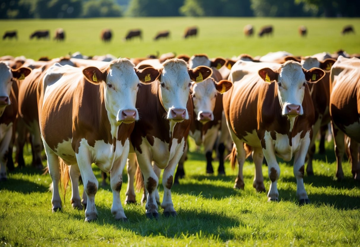 A herd of Jersey cattle grazing in a lush green pasture, their smooth, fawn-colored coats glistening in the sunlight