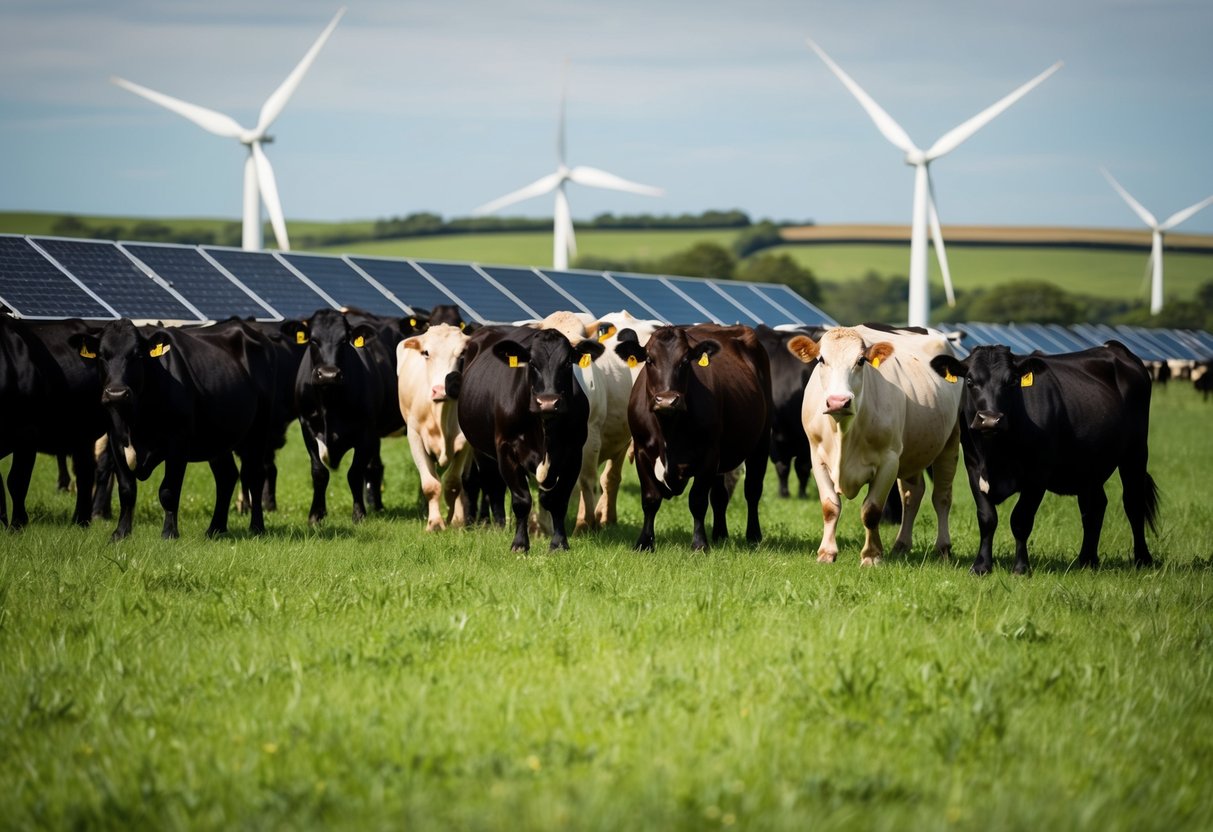 A herd of Jersey cattle grazing in lush green pastures, with wind turbines and solar panels in the background