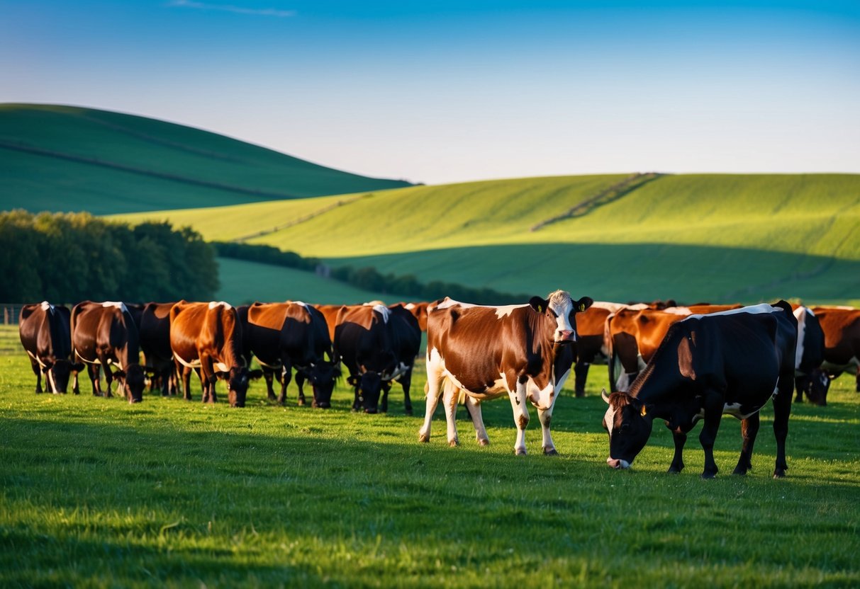 A herd of Jersey cattle grazing in a lush green pasture, with rolling hills in the background and a clear blue sky above