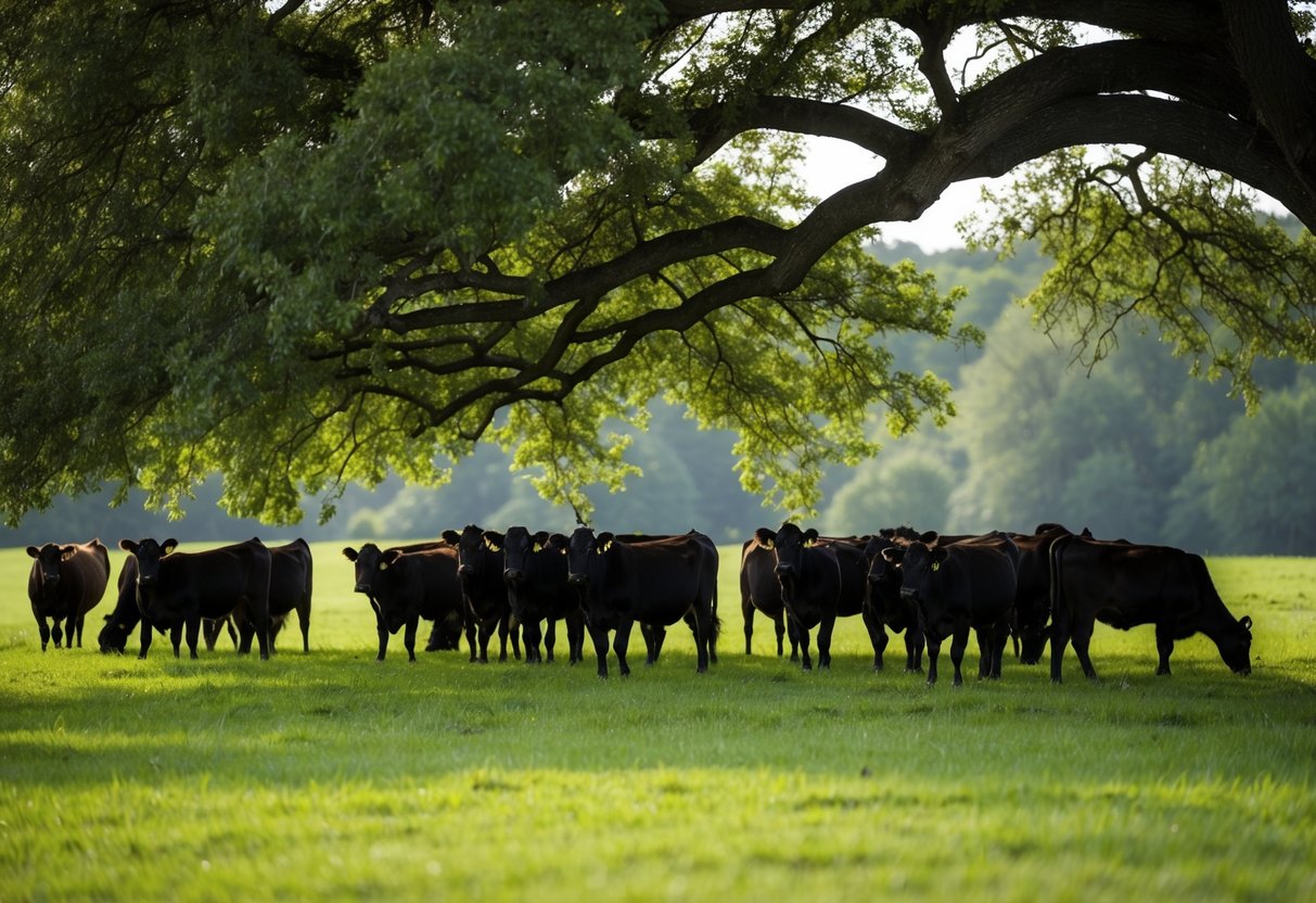 A lush green pasture with a herd of Jersey cattle grazing peacefully under the shade of a large oak tree