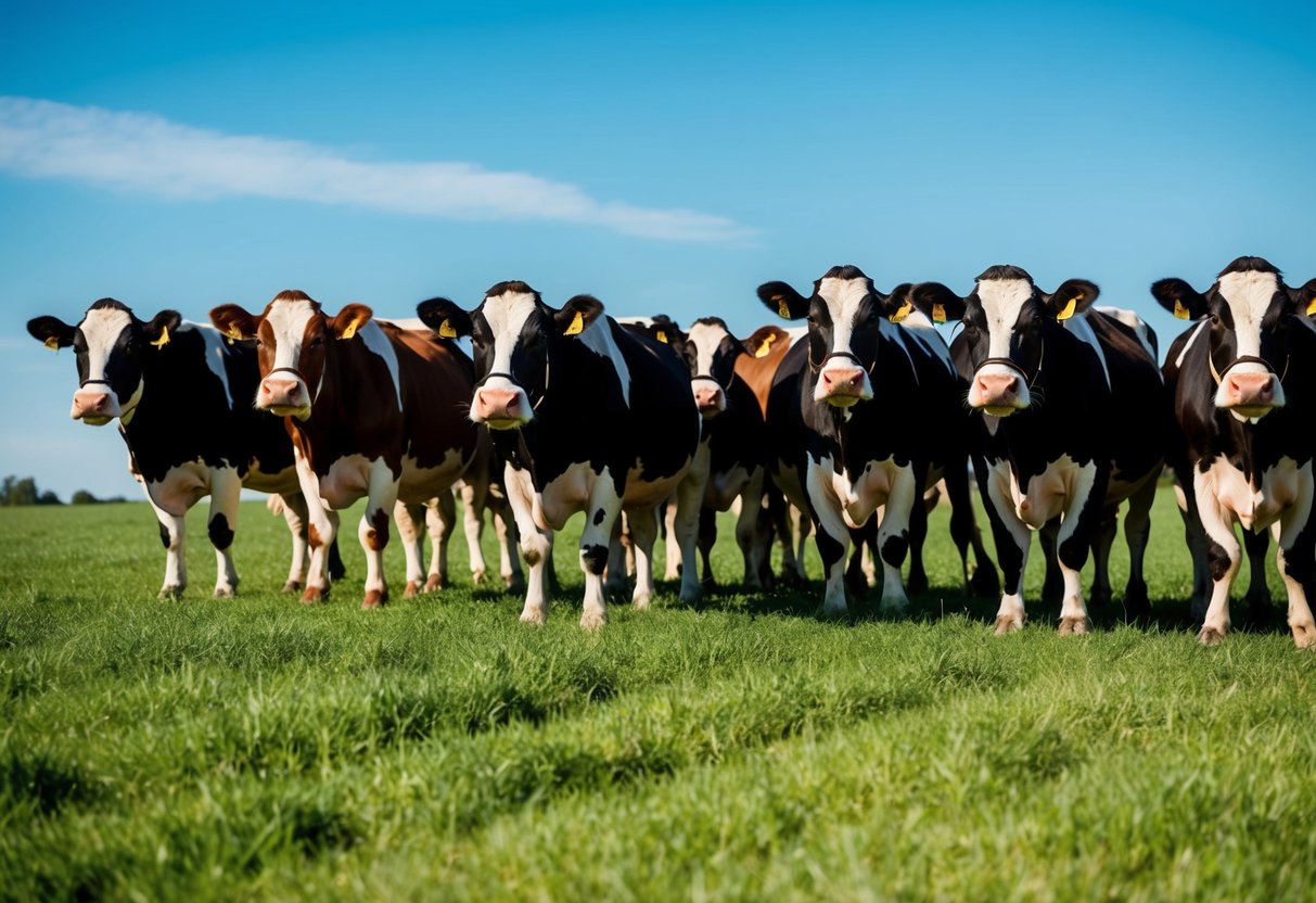 A herd of Jersey cattle grazing in a green pasture under a bright blue sky, with a few cows looking curiously at the viewer