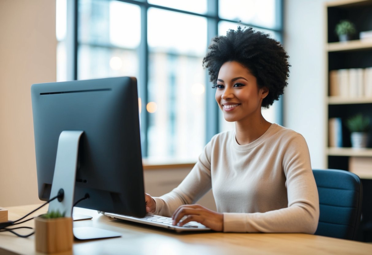 Una persona seduta al computer, sorridendo mentre compila una domanda di prestito online.