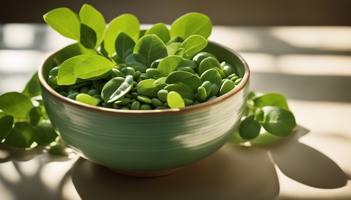 Fresh green leaves and seeds in an earthenware bowl, bathed in sunlight casting shadows