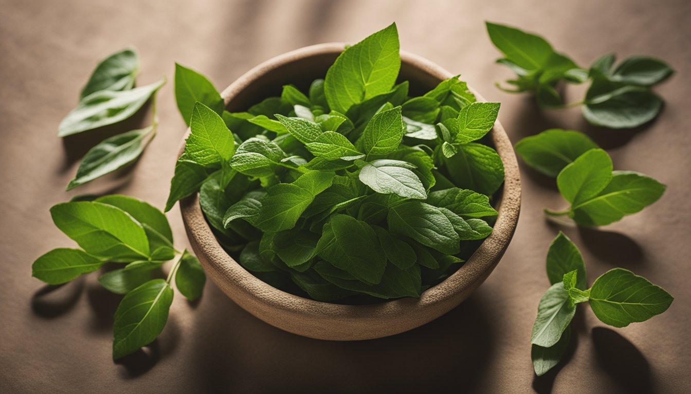 Fresh green leaves and dried herbs in a clay bowl, cast in natural sunlight for striking shadows and textures