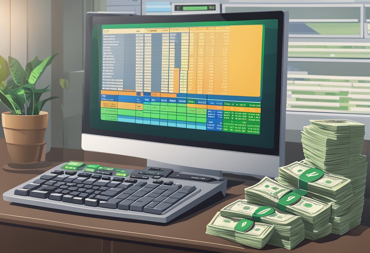 A stack of cash with a calculator and sports betting odds displayed on a computer screen