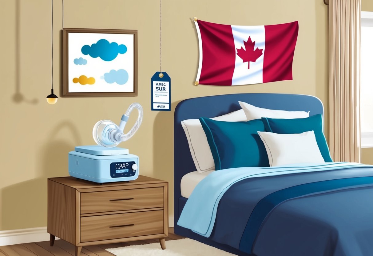 Une chambre confortable avec une table de chevet portant un appareil CPAP, un drapeau du Québec accroché au mur, et une étiquette de prix affichée de manière proéminente.