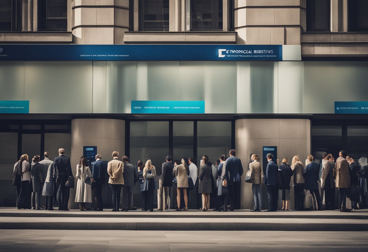 Una fila di persone in piedi di fronte a una banca o a un'istituzione finanziaria, con cartelli o striscioni che promuovono servizi di prestito