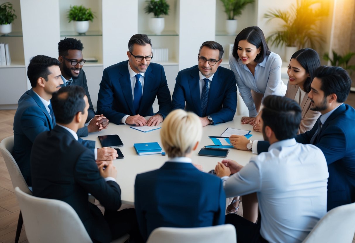 Un gruppo di individui diversi si riunisce attorno a un tavolo, discutendo delle opzioni di prestito in una banca italiana. La scena emana un senso di collaborazione e cooperazione internazionale.