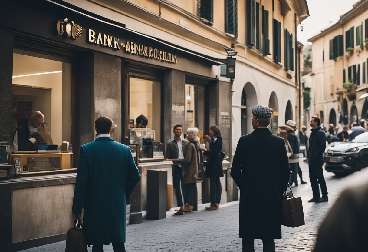 Una strada italiana affollata con un'insegna bancaria, persone in attesa in fila e un cassiere amichevole che assiste un cliente