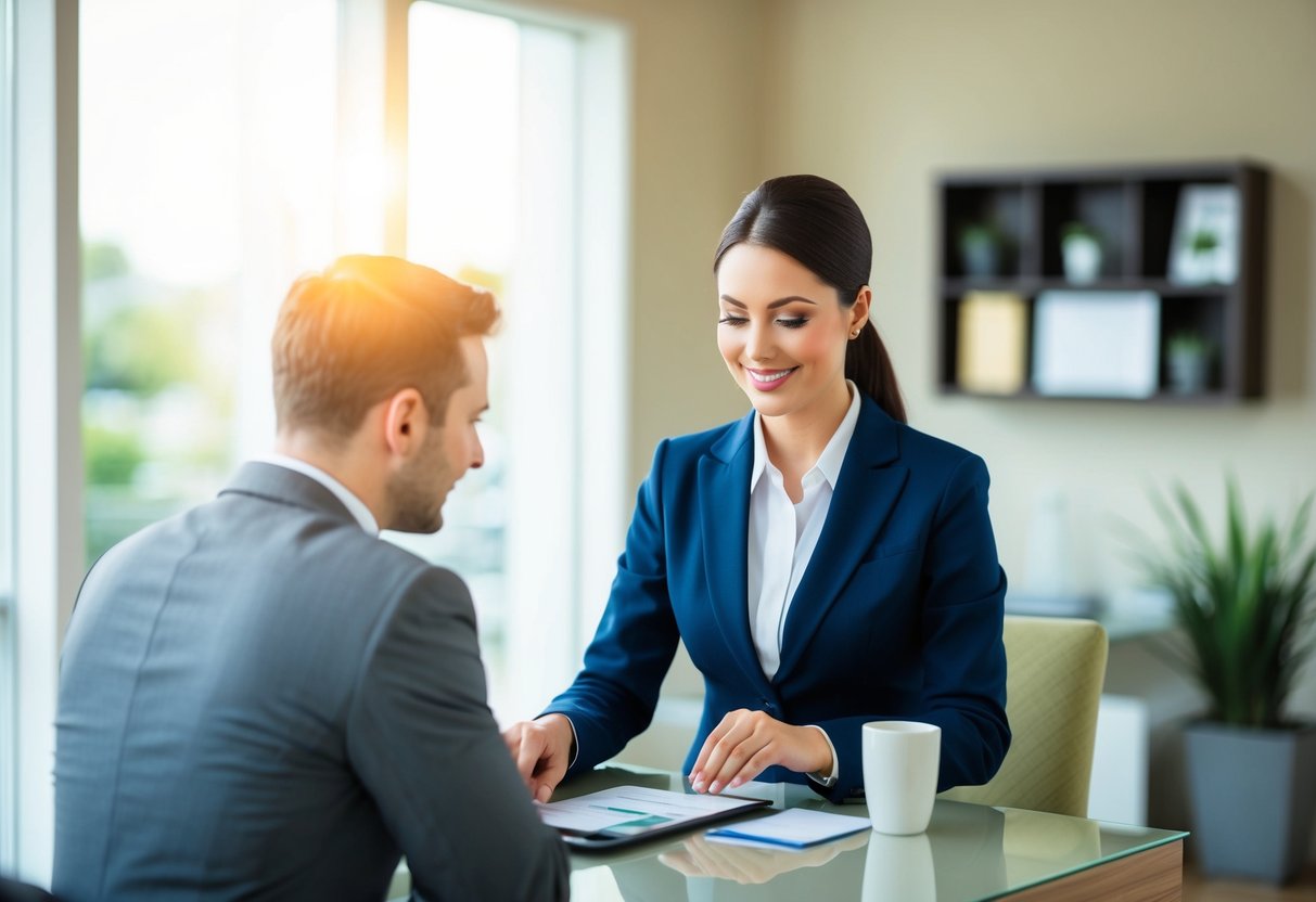 Un ambiente sereno in una filiale bancaria con un rappresentante del servizio clienti che assiste un cliente con una richiesta di prestito. L'atmosfera è professionale e accogliente.