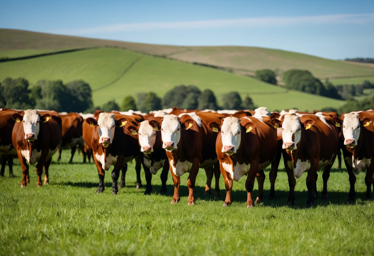 A herd of Dexter cattle grazing in a lush green pasture, with rolling hills in the background and a clear blue sky above