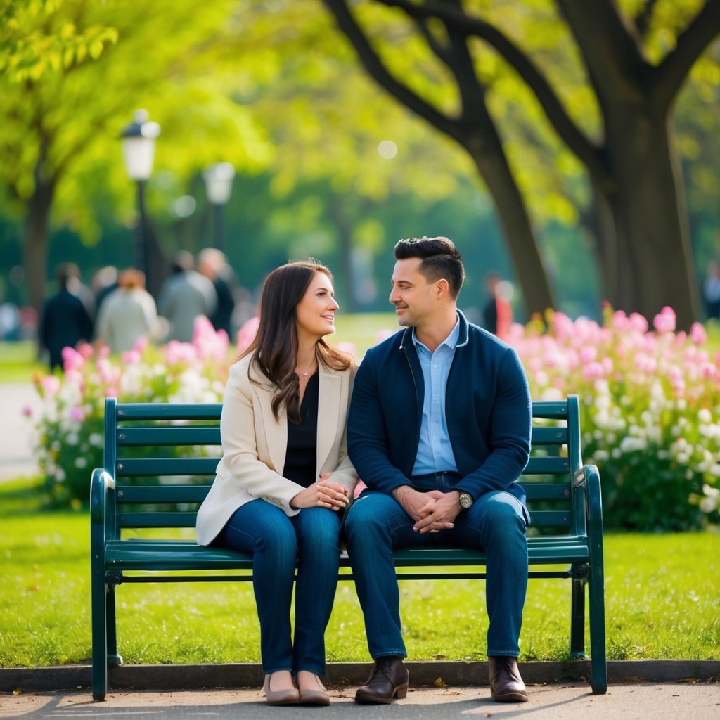 A couple sitting on a park bench, surrounded by blooming flowers and greenery, looking at each other with a mix of uncertainty and affection