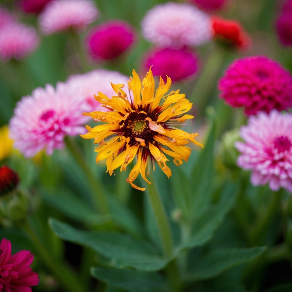 A wilted flower surrounded by vibrant blooms