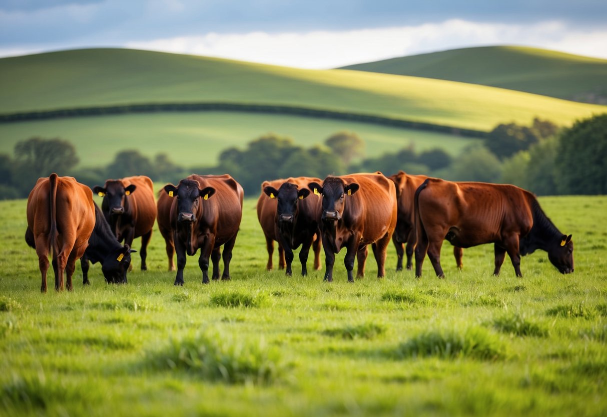 A herd of Dexter cattle grazing in a lush, green pasture with rolling hills in the background