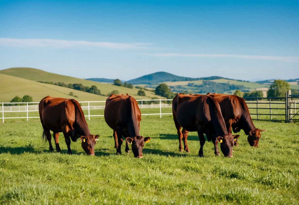 Dexter cattle grazing in a lush, fenced pasture with a backdrop of rolling hills and a clear blue sky