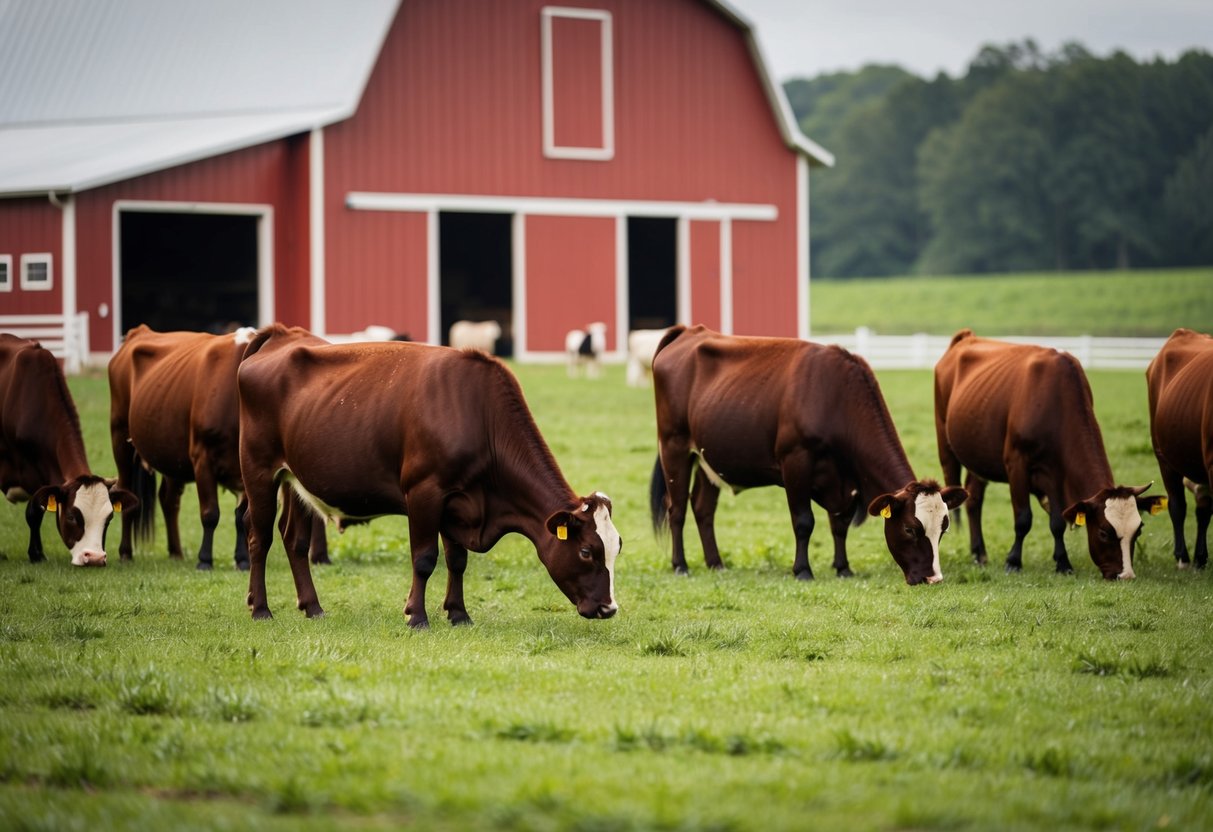 Dexter cattle grazing in a modern farm setting, with a red barn and green fields in the background