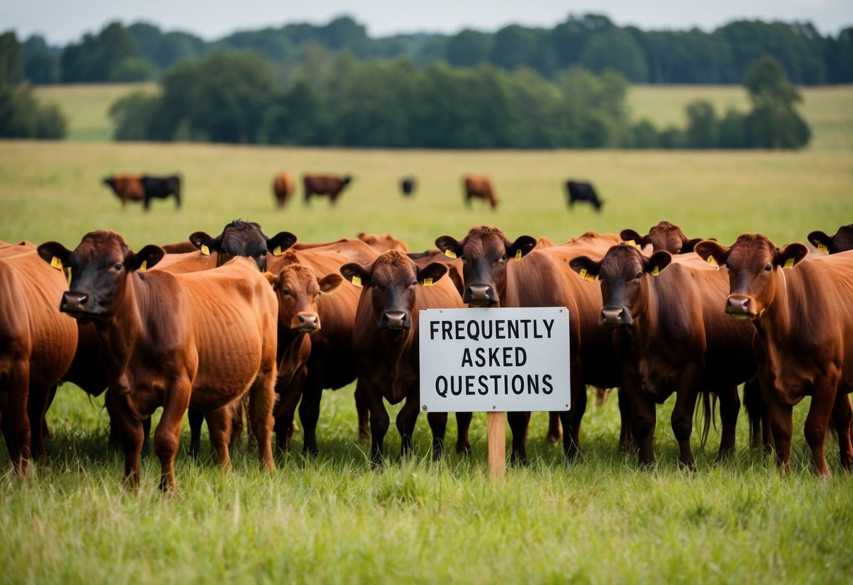 A herd of Dexter cattle gathered around a sign labeled "Frequently Asked Questions" in a grassy field