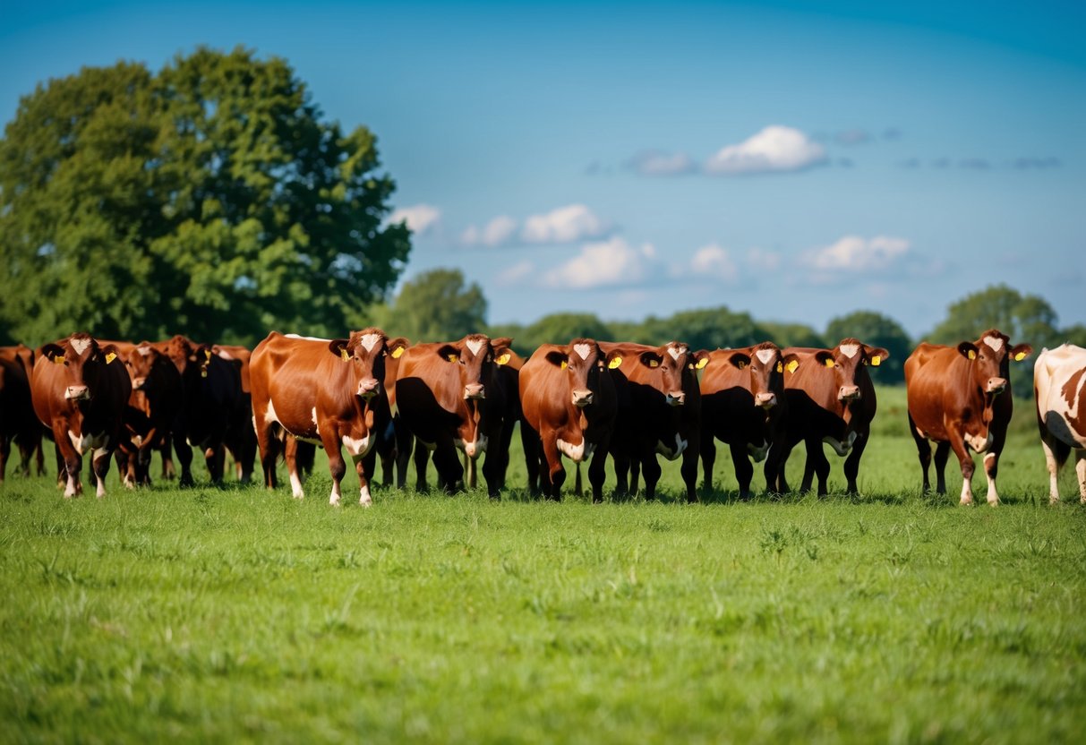 A herd of Gelbvieh cattle grazing in a lush green pasture under a clear blue sky