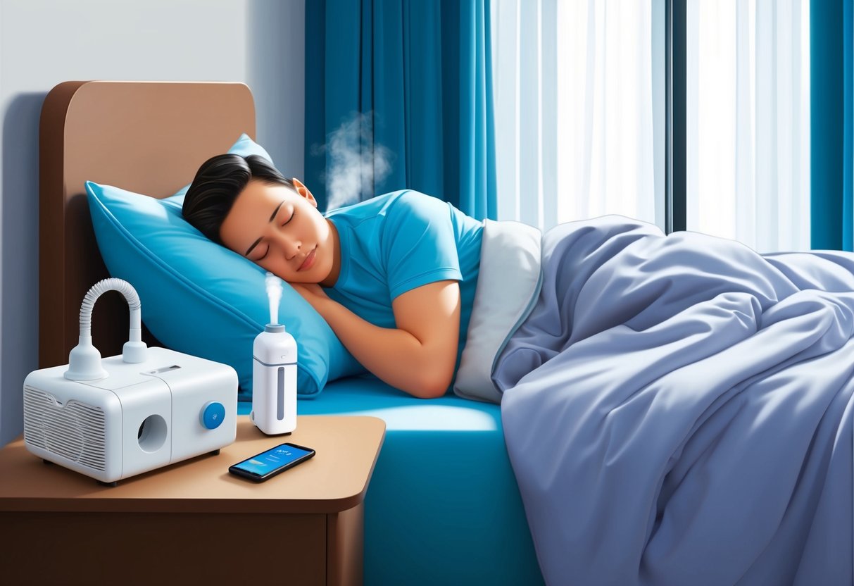 Une personne dormant paisiblement dans son lit avec une machine CPAP sur la table de nuit, un humidificateur et un tracker de sommeil.