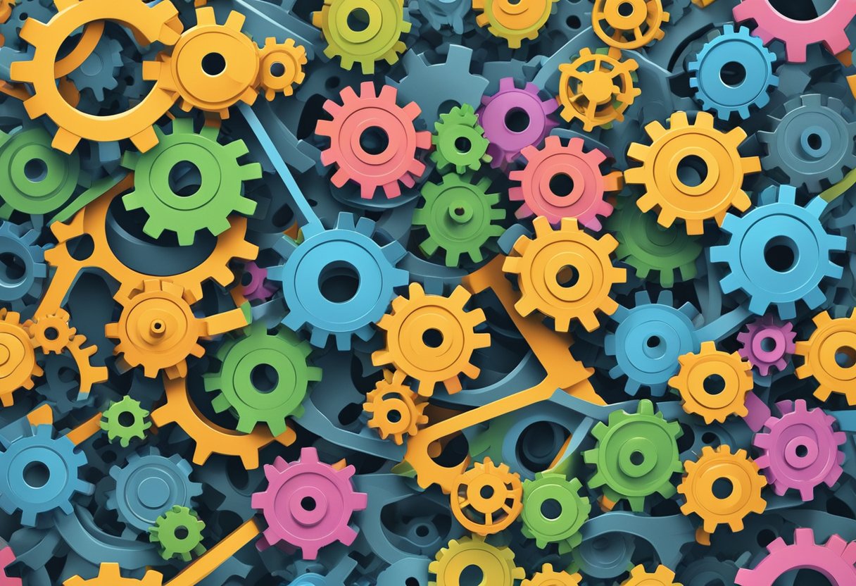 A tangled web of interlocking gears, some turning smoothly while others grind against each other, representing the struggle between quantity and quality in a scrum environment
