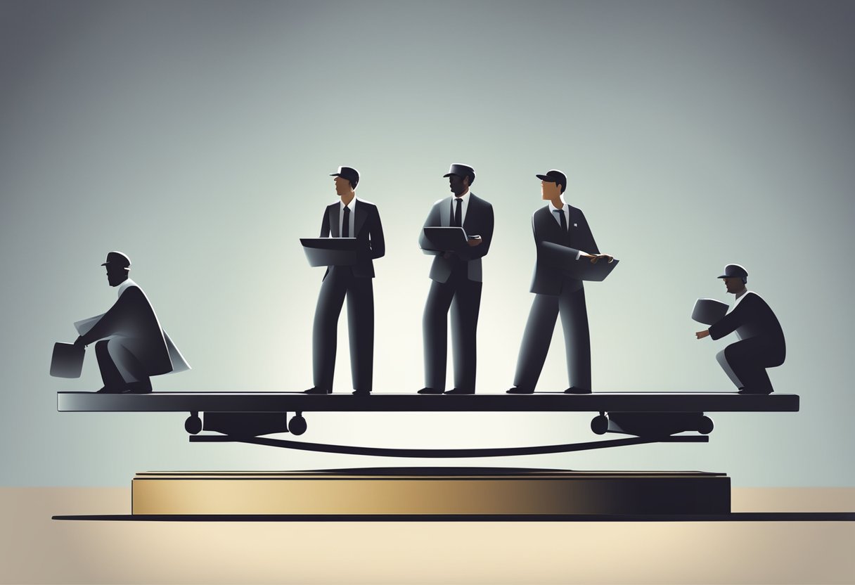 A team of workers balancing a scale with "quantity" on one side and "quality" on the other, while a creeping shadow looms in the background