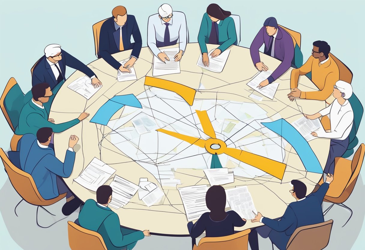 A group of stakeholders and a scrum team discussing project scope, with conflicting ideas of quantity versus quality, leading to a tangled web of requirements and expectations