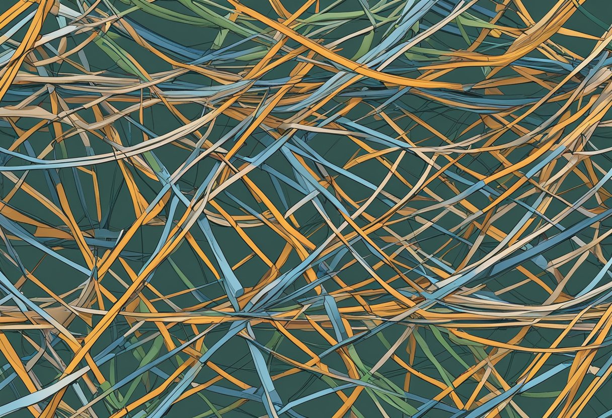 A tangled web of tangled strings, some stretching too far while others are left neglected, symbolizing the struggle between quantity and quality in the context of decoding scope creep in Scrum