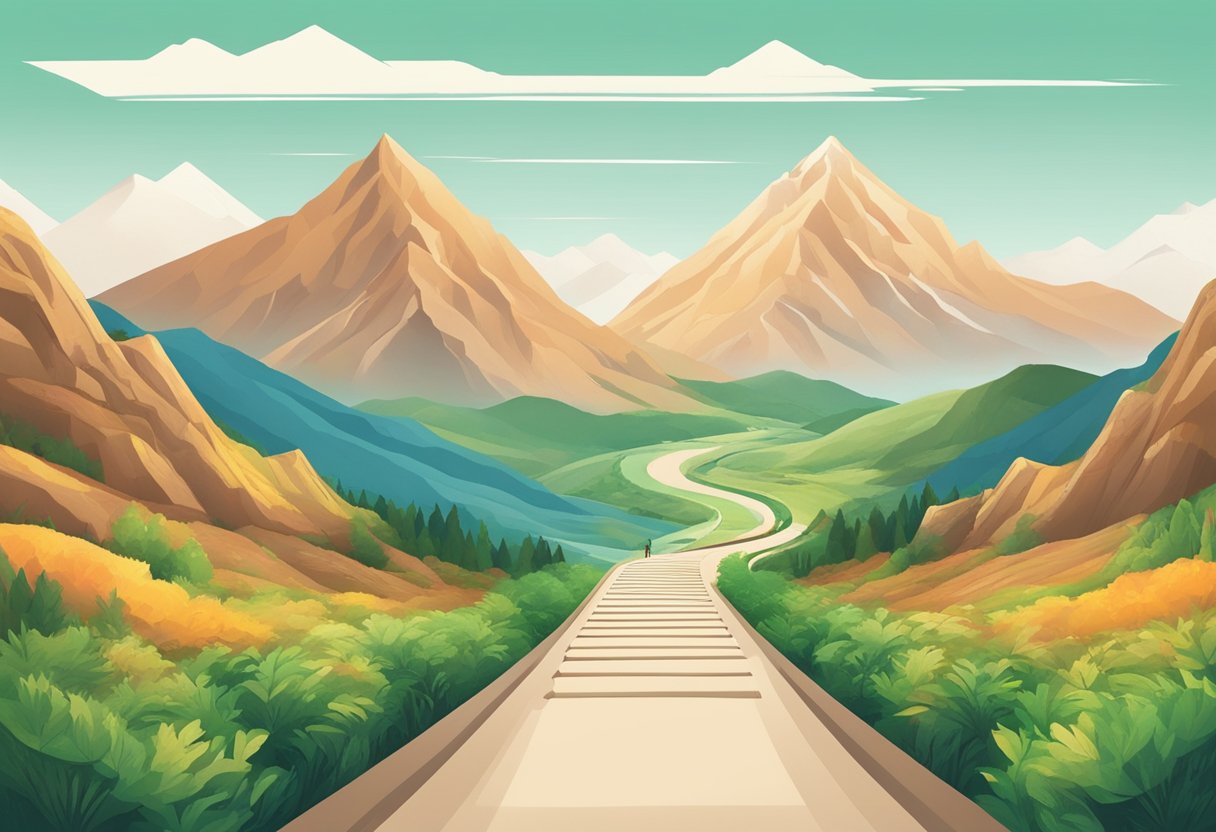 A path splitting into two, one leading to a mountain peak and the other to a lush valley, representing the dilemma between quantity and quality in project scope