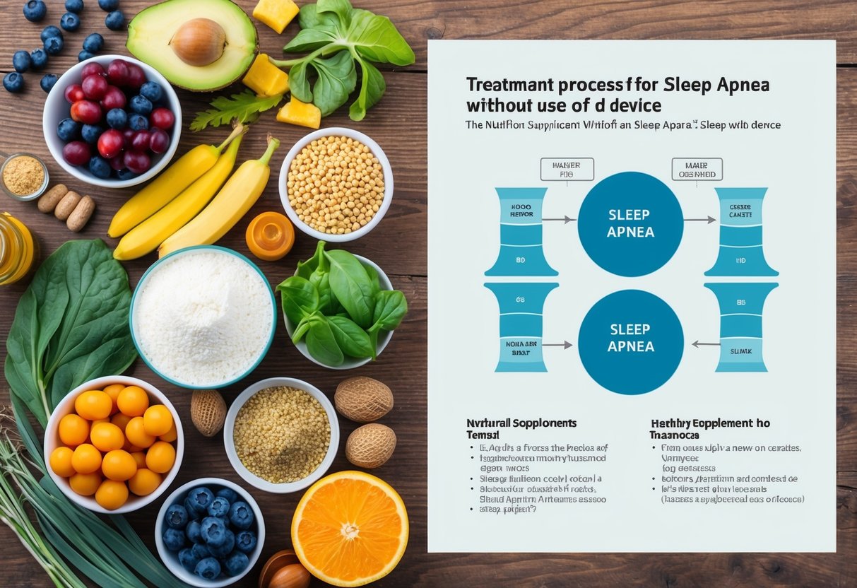 Une table remplie de divers aliments sains et de suppléments nutritionnels, accompagnée d'un diagramme montrant le processus de traitement de l'apnée du sommeil sans l'utilisation d'un appareil.