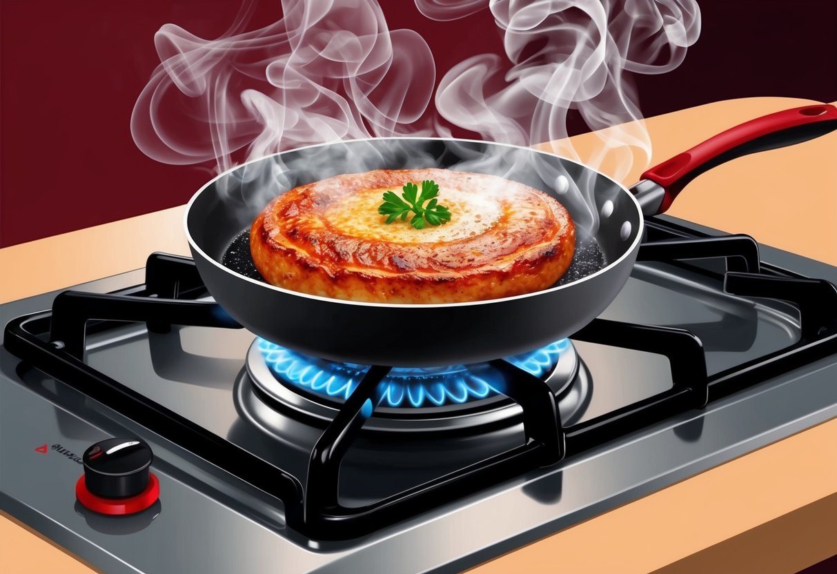 En fräsande stekpanna på en gasolspis, som avger ånga och en läcker arom