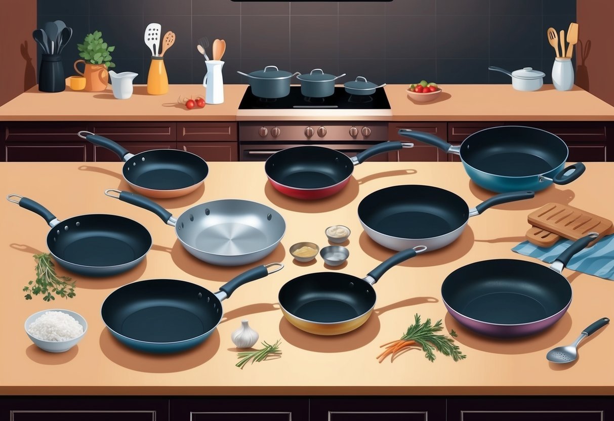 En samling av olika stekpannor arrangerade på en köksbänk, med redskap och ingredienser i närheten